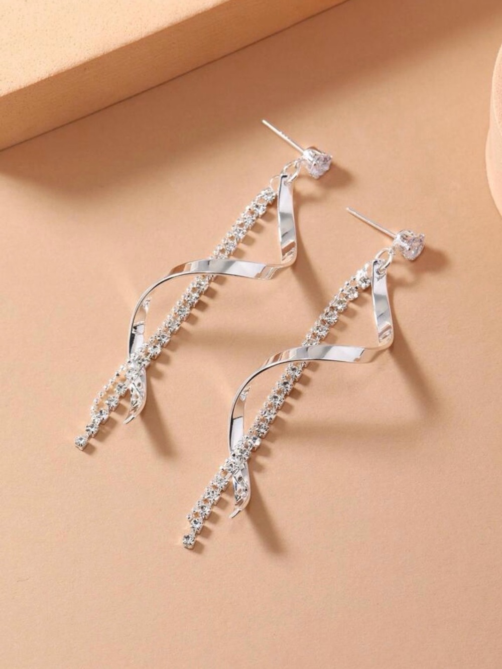 Elegant Silver Twisted Hoop Crystal Drop Earrings